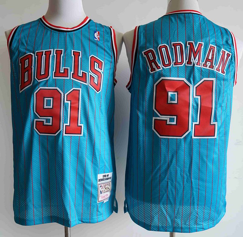 Cheap Men Chicago Bulls 91 Rodman Blue stripe NBA Jersey